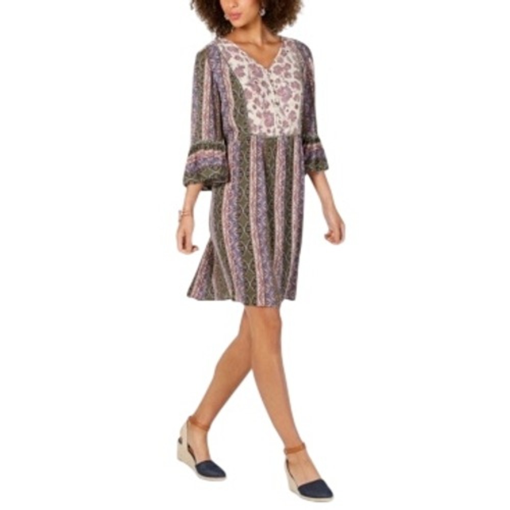 Style & Co Women's Pink Floral Bell Sleeve V-Neck Tunic Dress Petite Size PL